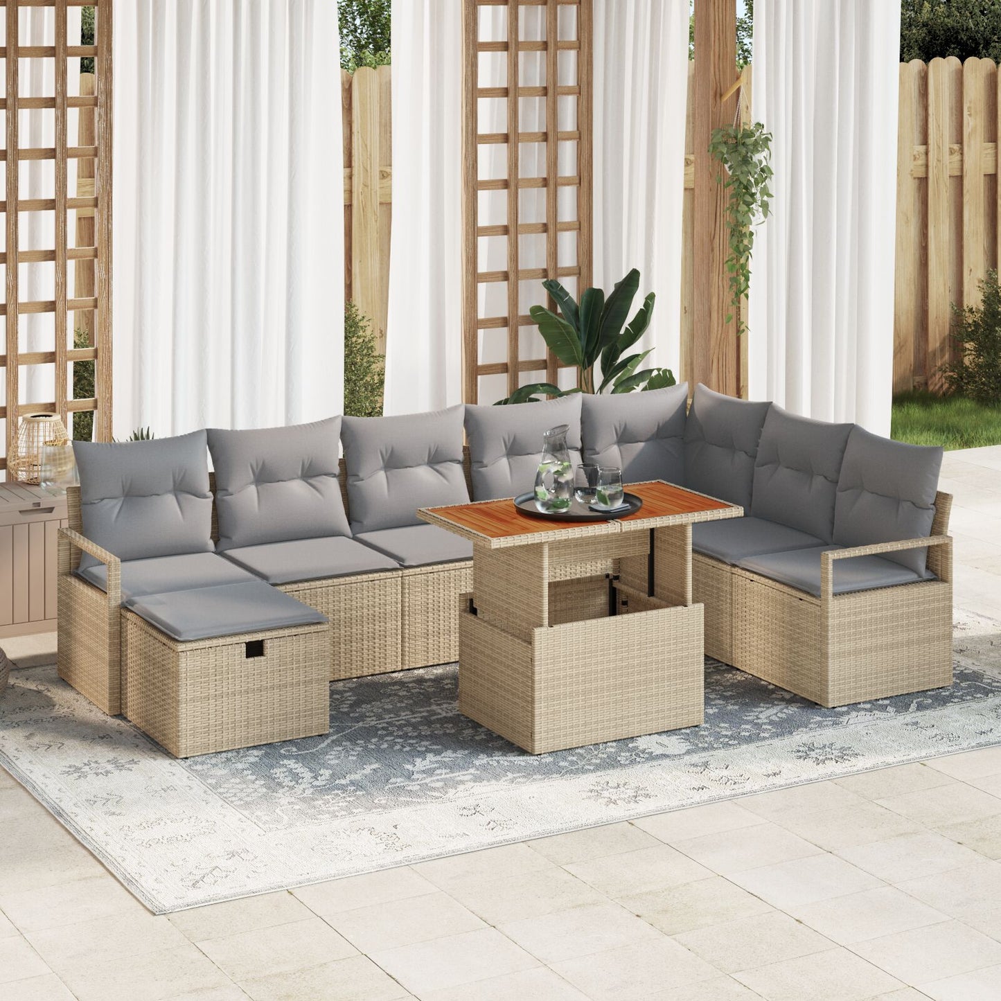 9-Delige Tuin Sofa Set Met Kussens Beige Poly Rattan,  2-Persoons Tuin Sofa Met Kussens Beige Poly Rattan
