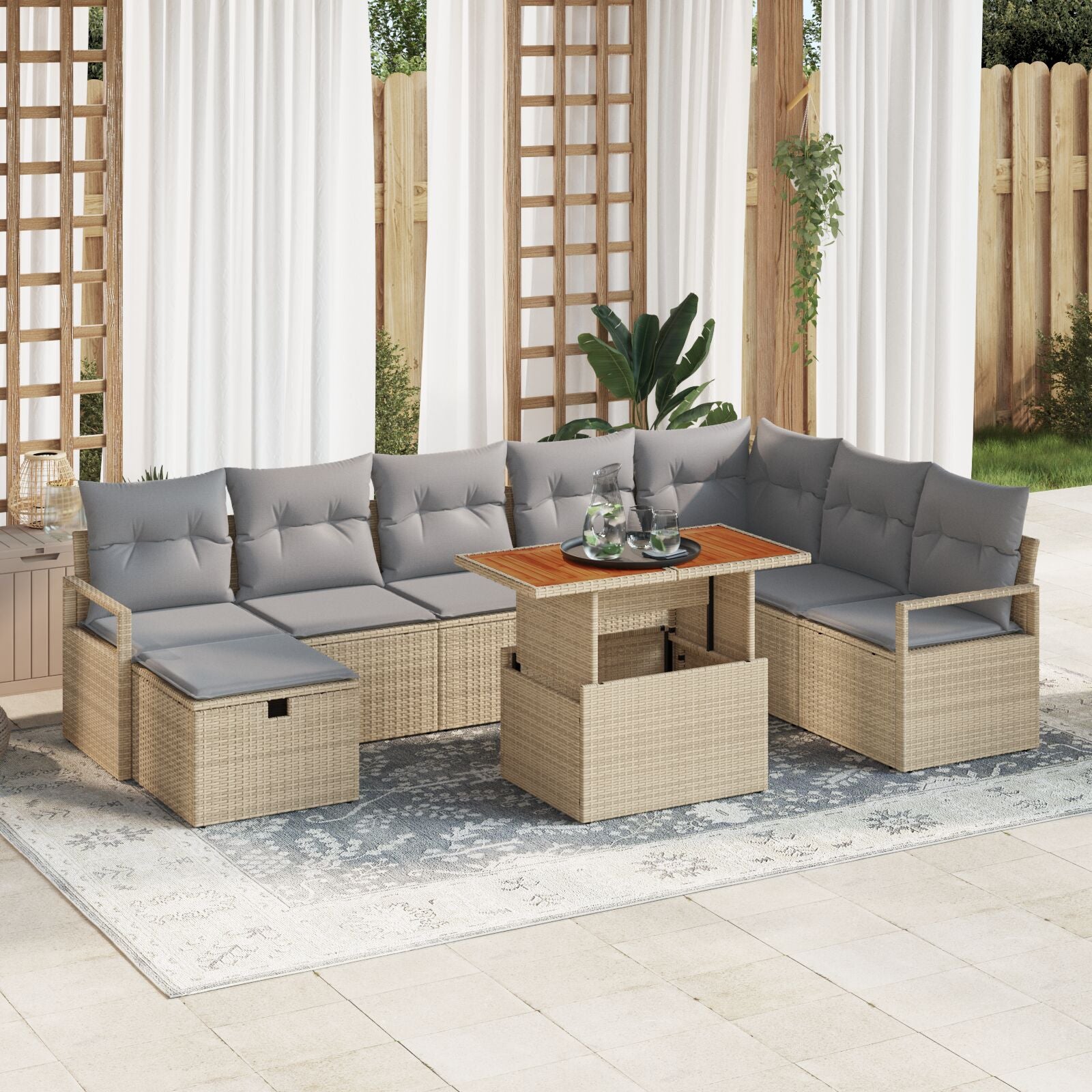 9-Delige Tuin Sofa Set Met Kussens Beige Poly Rattan,  2-Persoons Tuin Sofa Met Kussens Beige Poly Rattan
