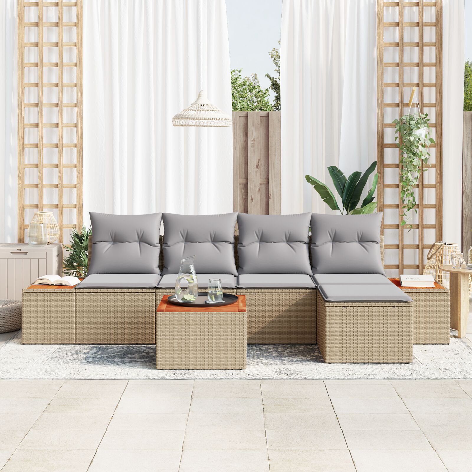 6-Delige Tuinsofa Set Met Kussens Beige Poly Rattan Acacia