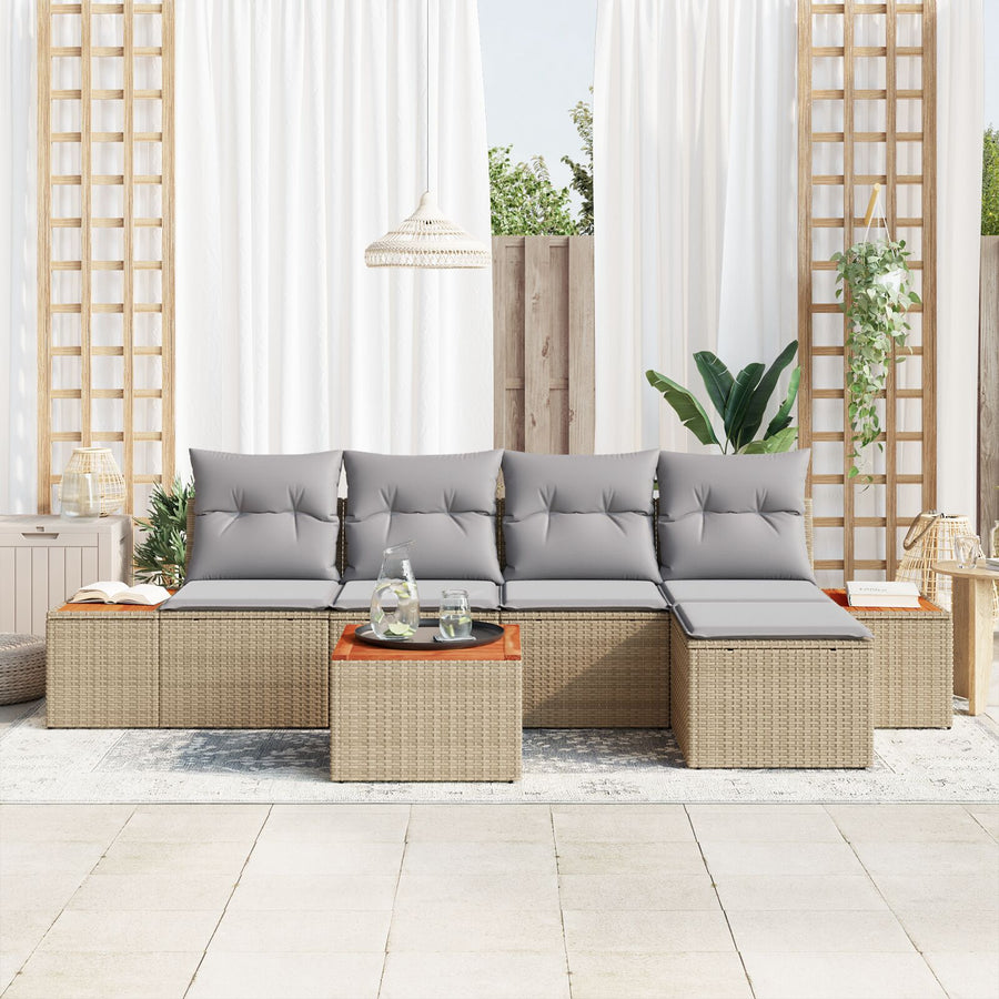 6-Delige Tuinsofa Set Met Kussens Beige Poly Rattan Acacia