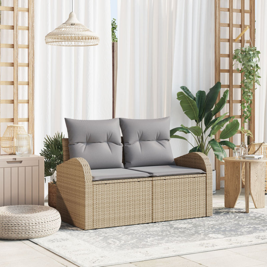 2-Zits Tuinbank Met Kussens Poly Rattan Beige en grijs zonder opslag