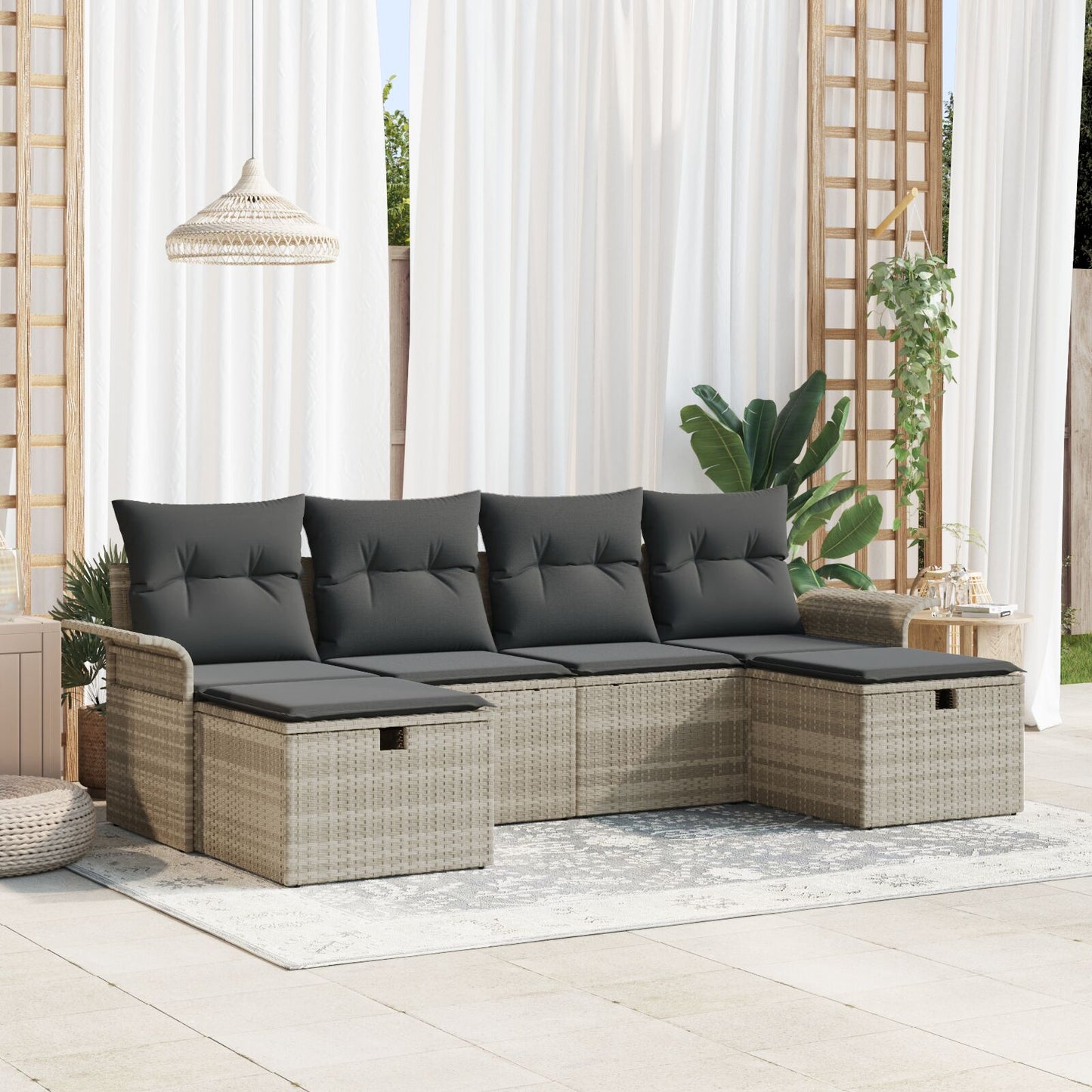 6-Delige Tuin Sofa Set Met Kussens Licht Grijs Poly Rattan