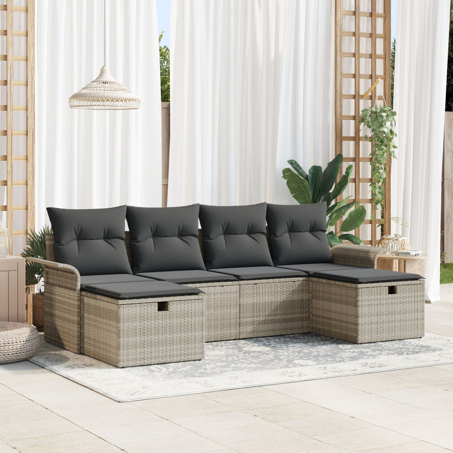 6-Delige Tuin Sofa Set Met Kussens Licht Grijs Poly Rattan