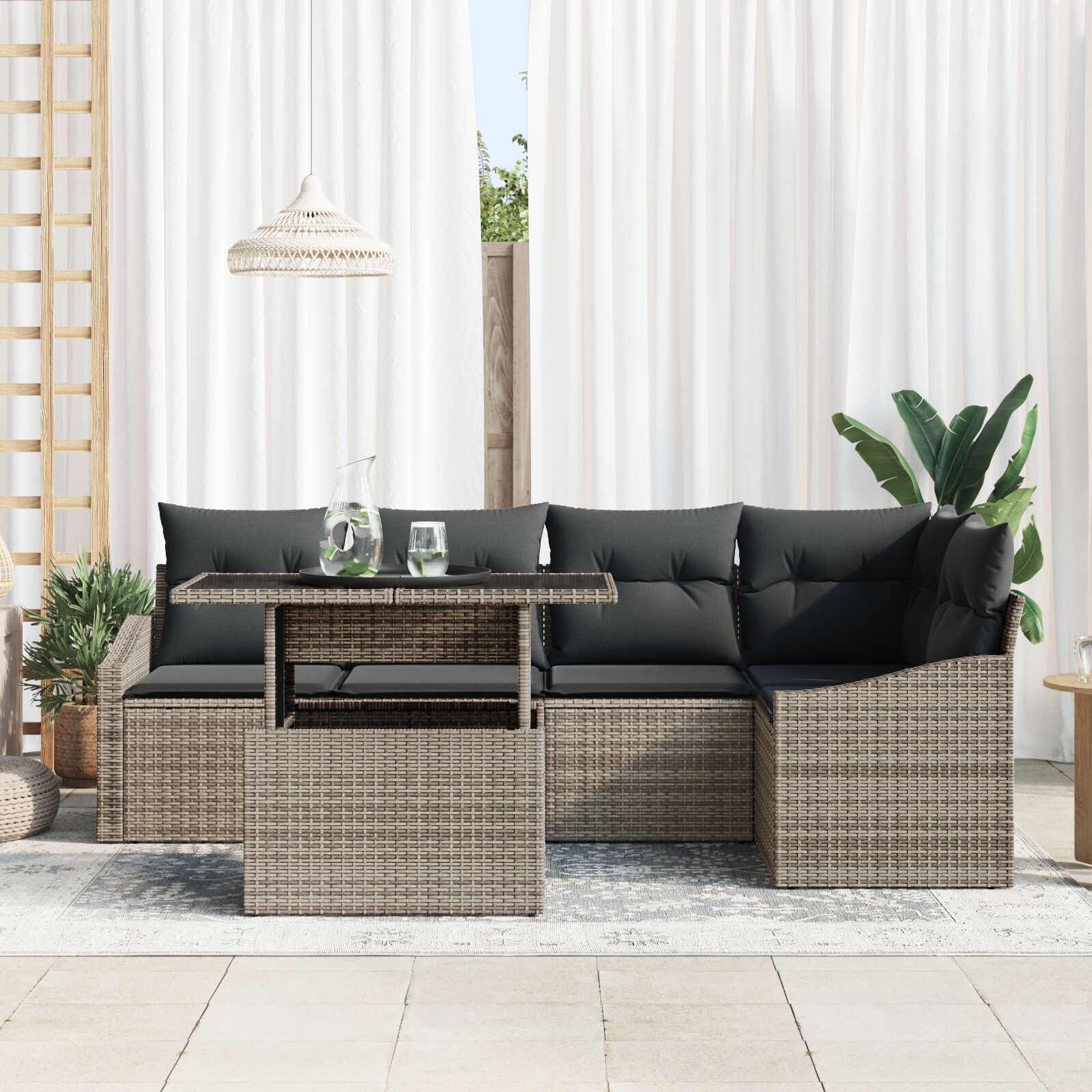 6-Delig Tuinbankstel Met Kussens Grijs Poly Rattan