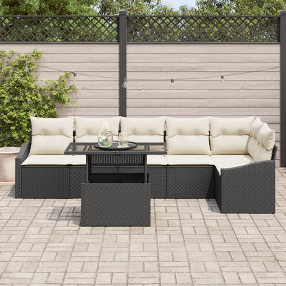 7-Delige Tuin Bankset Met Kussens Zwart Poly Rattan