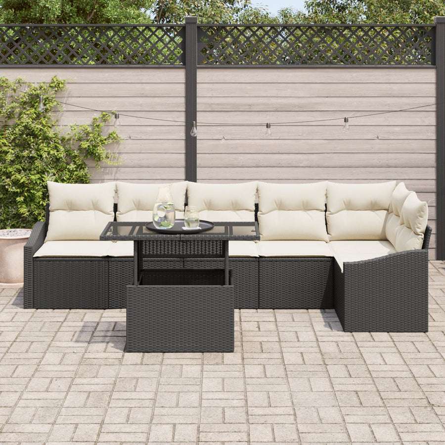 7-Delige Tuin Bankset Met Kussens Zwart Poly Rattan