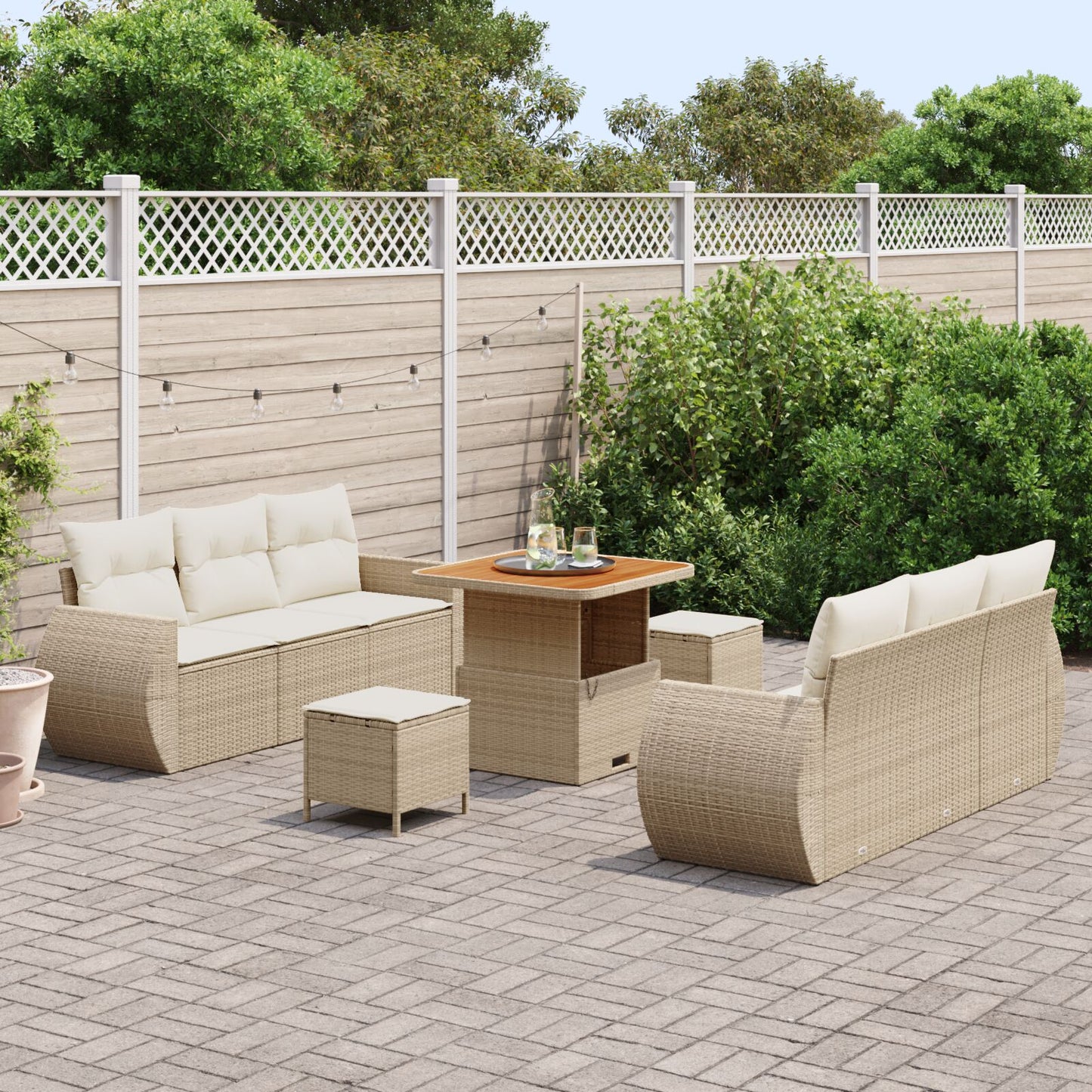 9-Delige Tuin Sofa Set Met Kussens Beige Poly Rattan Acacia, 3-Delige Tuin Eettafel Set Met Kussens Beige Poly Rattan Acacia Wit
