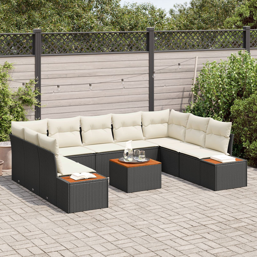 10 Delige Tuin Sofa Set Met Kussens Zwart Poly Rattan Acacia