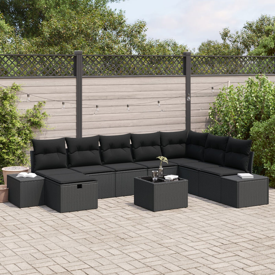 9-Delige Tuin Sofa Set Met Kussens Zwart Poly Rattan