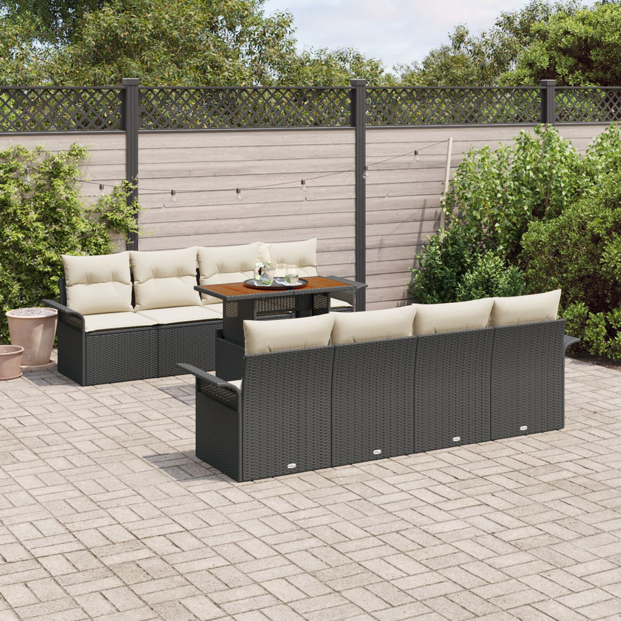 9-Delige Tuin Sofa Set Met Kussens Zwart Poly Rattan Acacia