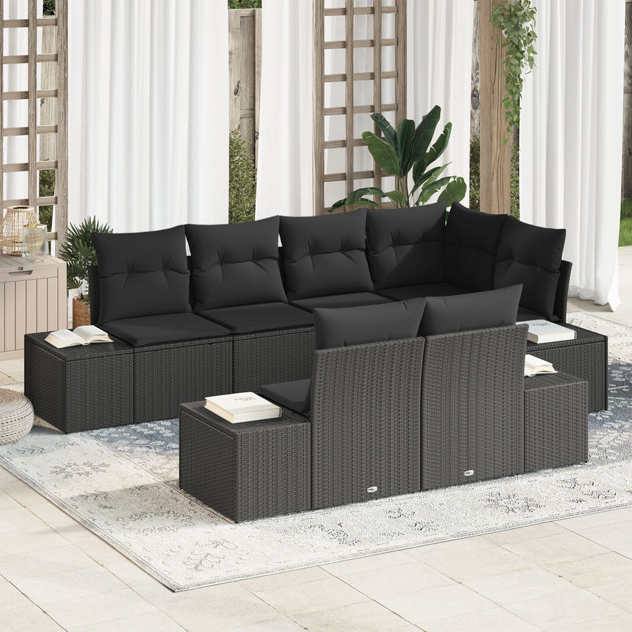 7 Delige Tuinsofa Set Met Kussens Zwart Poly Rattan