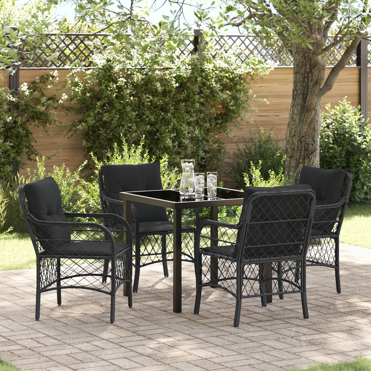 5-Delige Tuinset Met Kussens Zwart Poly Rattan