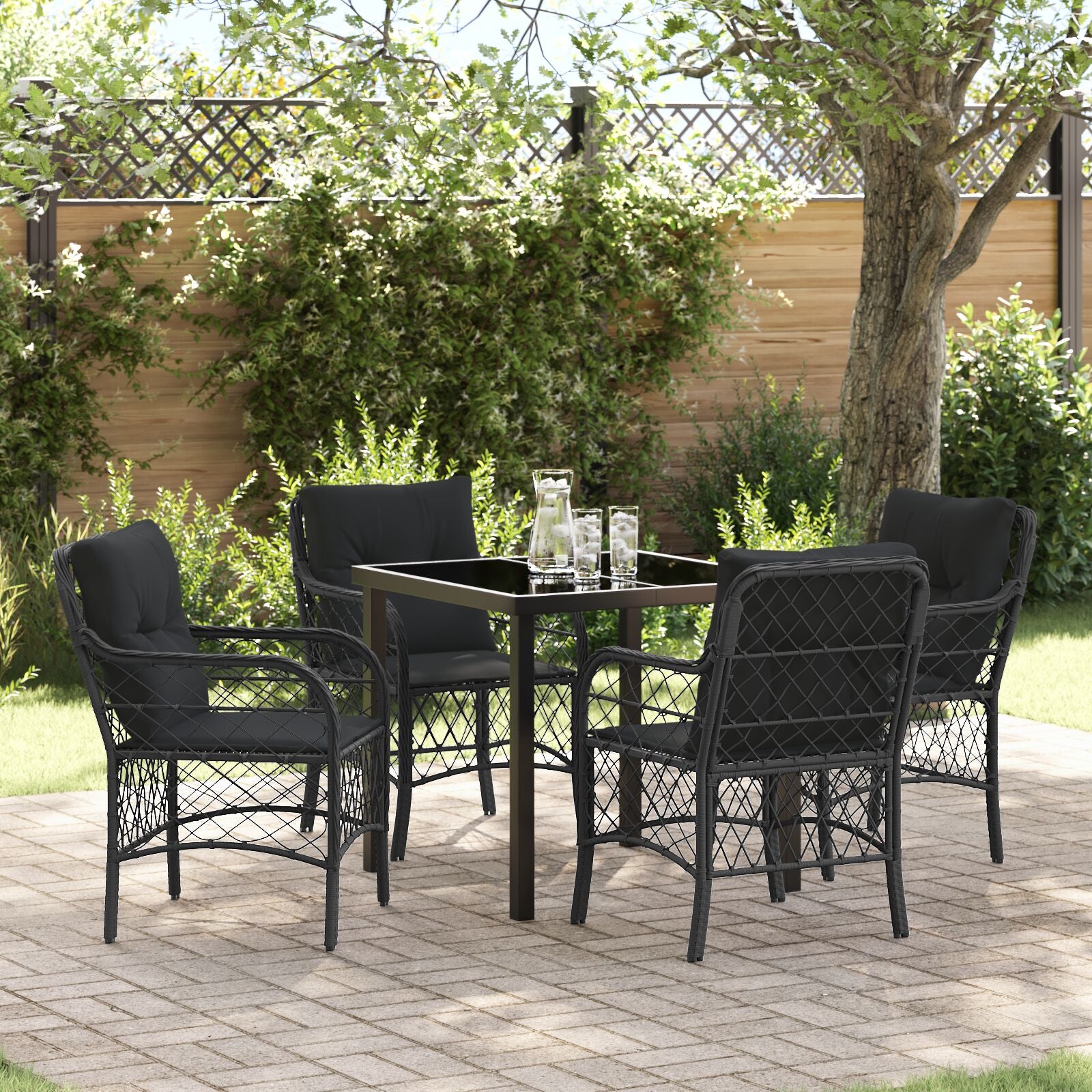 5-Delige Tuinset Met Kussens Zwart Poly Rattan