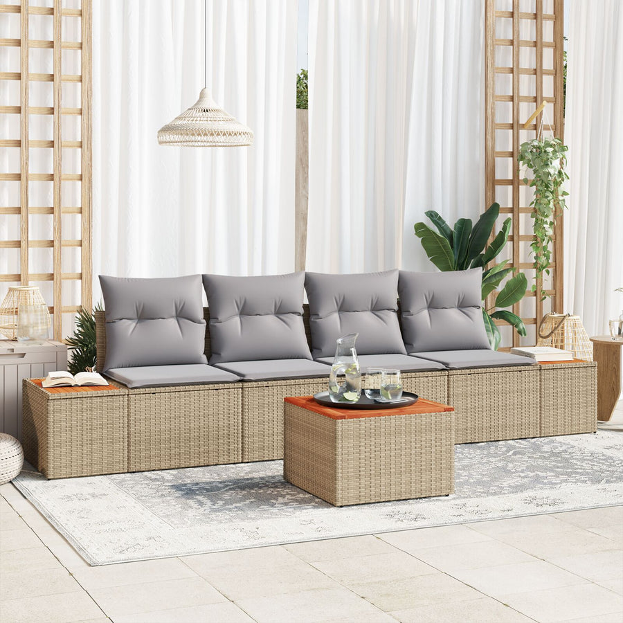 5-Delige Tuinbankset Met Kussens Beige Poly Rattan Acacia