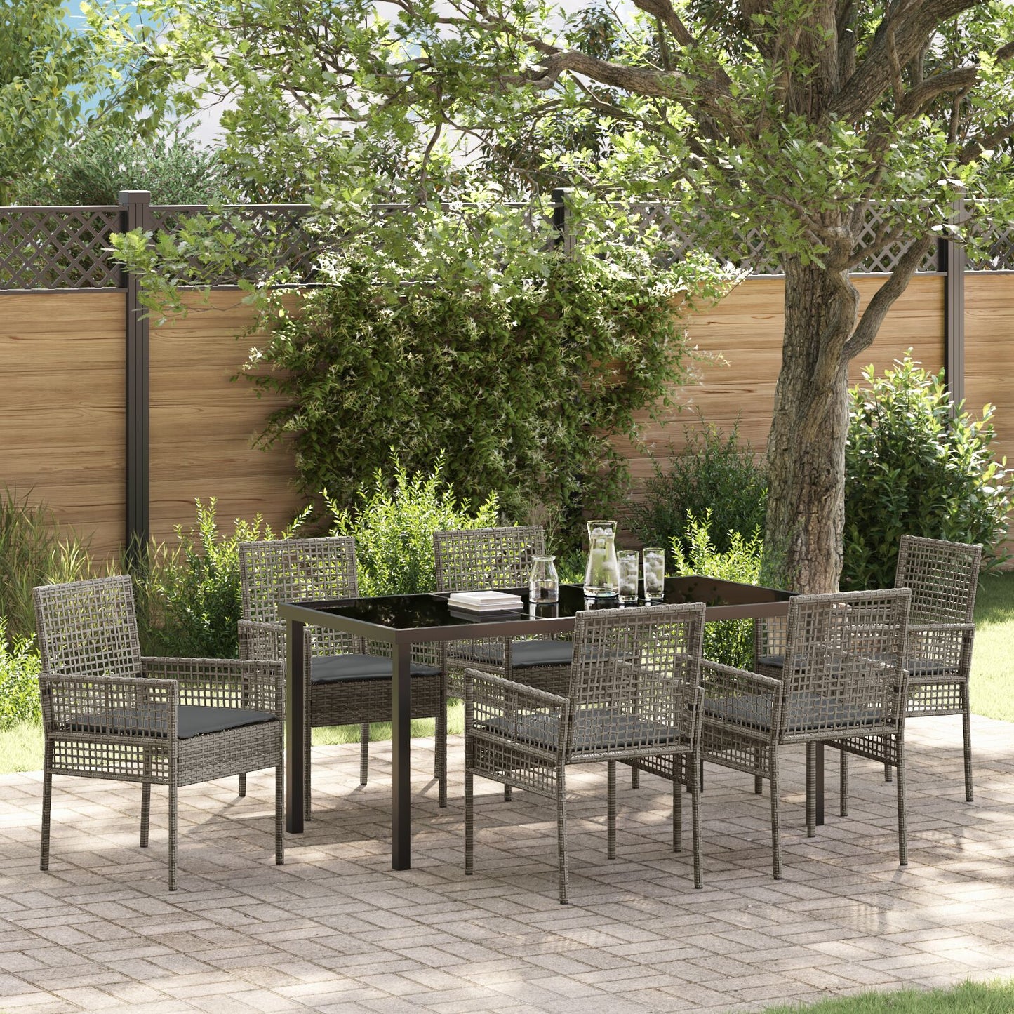 7-Delige Tuin Eetset Met Kussens Grijze Poly Rattan