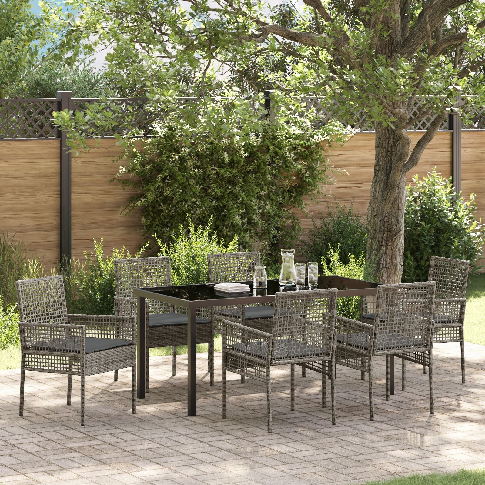 7-Delige Tuin Eetset Met Kussens Grijze Poly Rattan