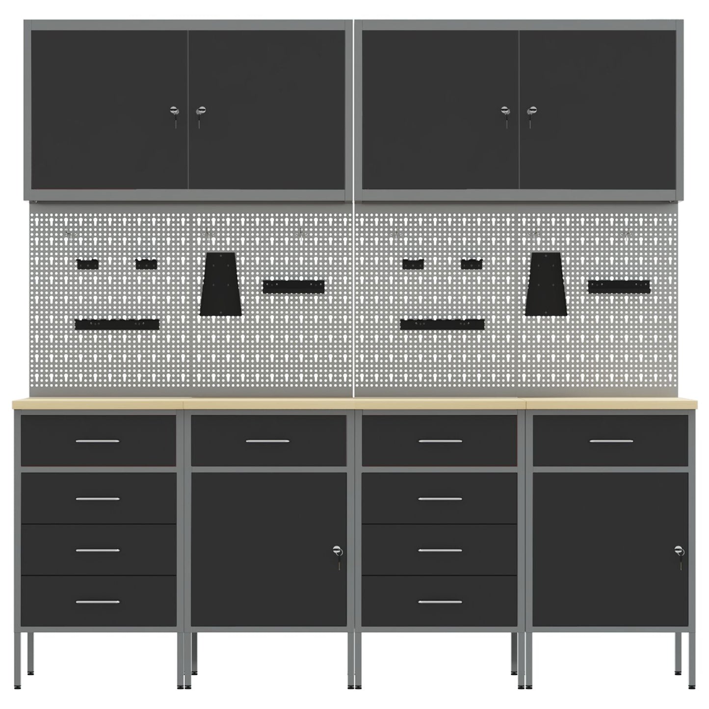 10-Delige Werkcabinet En Pegboard Set Mdf En Metaal 4x (2x84/2x85 cm) Zwart 4x kast + 4x pegboard + 2x gereedschapskast