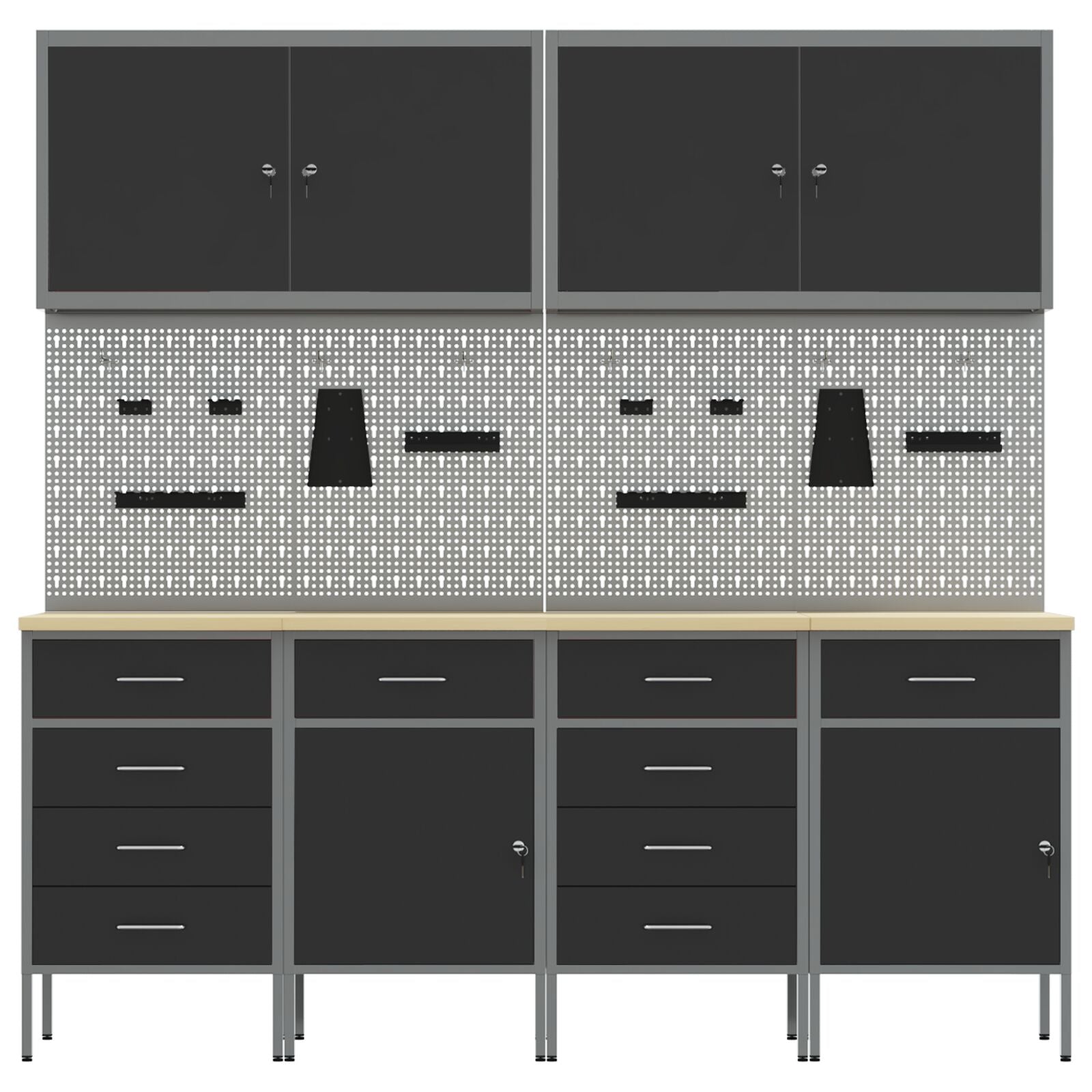 10-Delige Werkcabinet En Pegboard Set Mdf En Metaal 4x (2x84/2x85 cm) Zwart 4x kast + 4x pegboard + 2x gereedschapskast