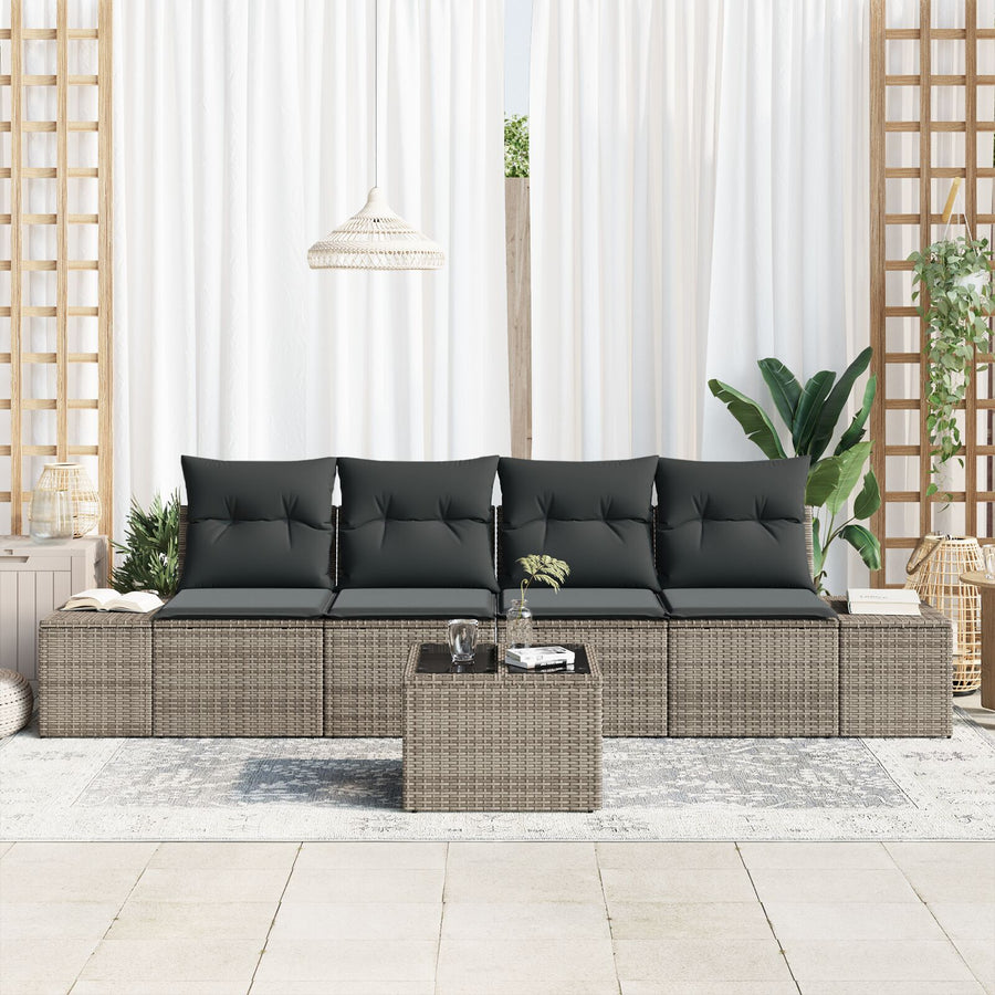 5-Delige Tuin Sofaset Met Kussens Grijs Poly Rattan