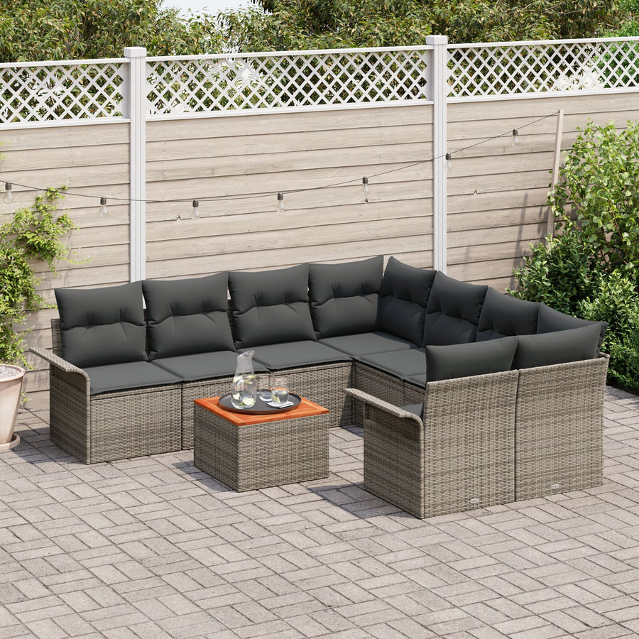 9-Delige Tuin Sofa Set Met Kussens Grijs Poly Rattan Acacia