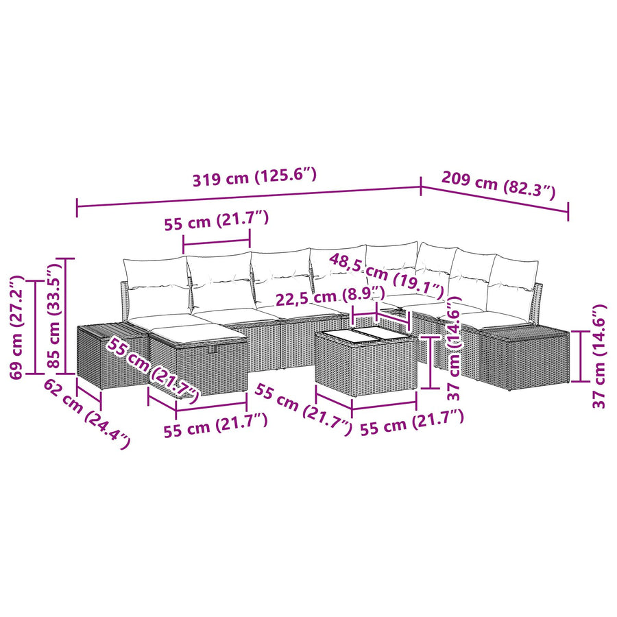9 Delige Tuin Sofaset Met Kussens Beige Poly Rattan