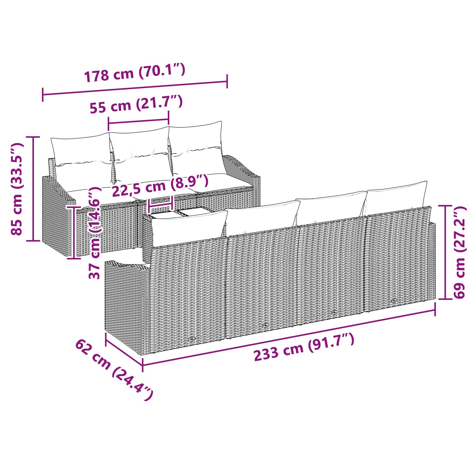 Tuin Sofa Set Set Van 8 Zwart Rattan Buiten Dinetset Gegalvaniseerd Staal
