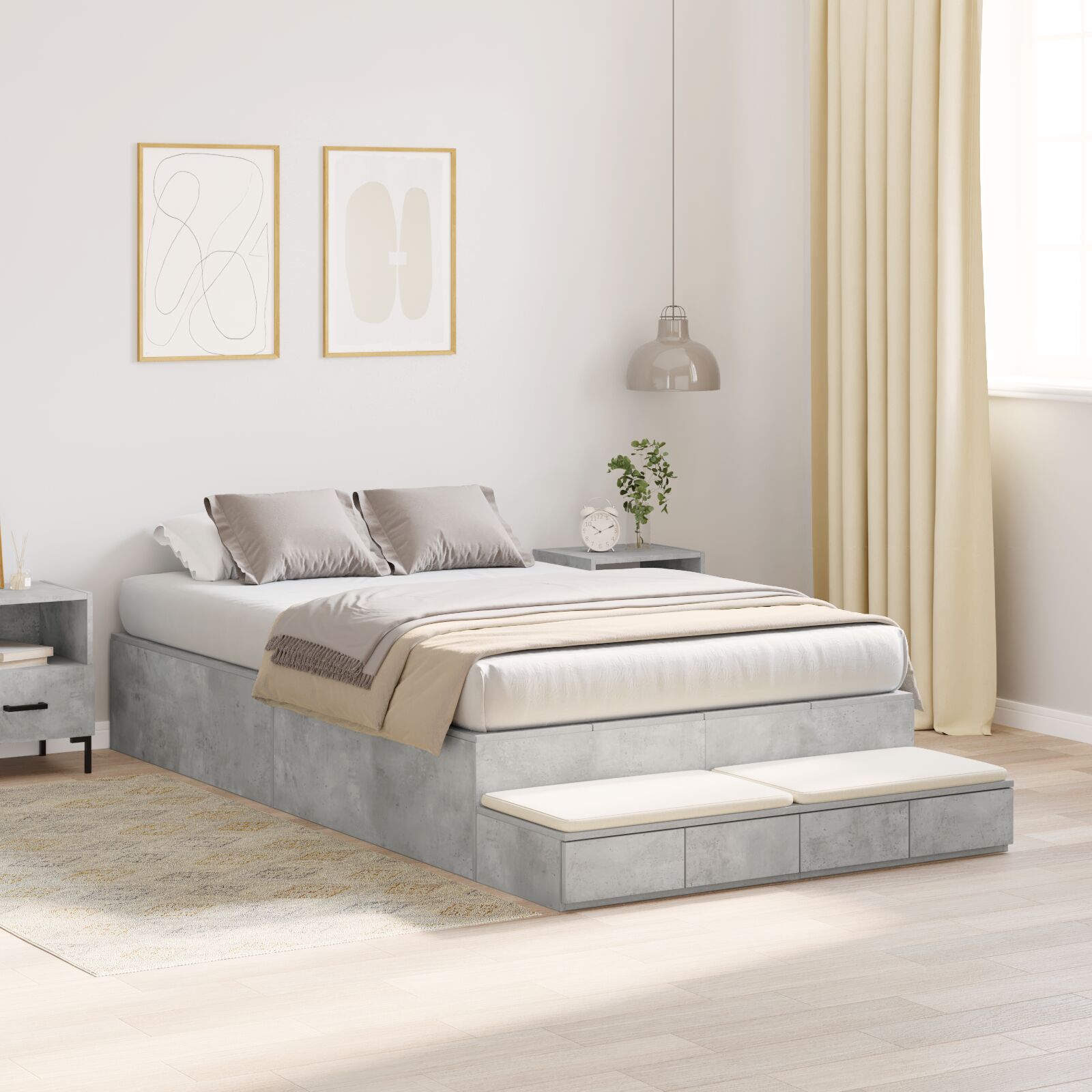 Opbergbedframe Beton Grijs Bewerkt Hout 120 X 190 Cm Artisanaal Eiken