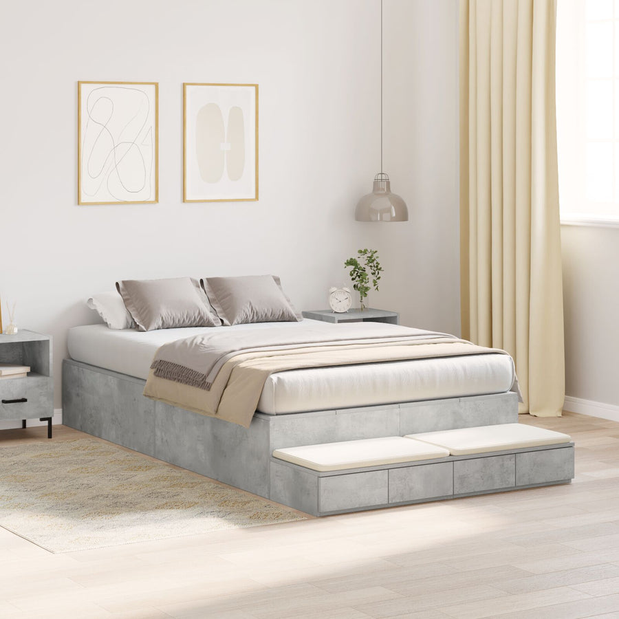 Opbergbedframe Beton Grijs Bewerkt Hout 120 X 190 Cm Artisanaal Eiken