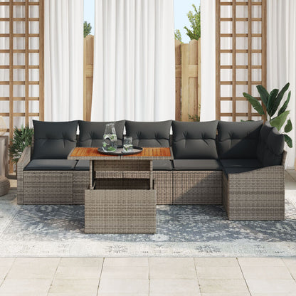 7-Persoons Tuin Eetset Met Kussens Grijs Poly Rattan Acacia
