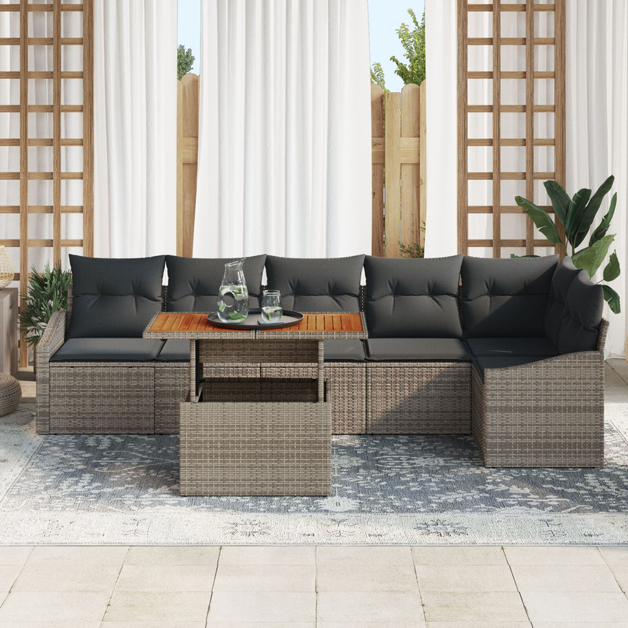 7-Persoons Tuin Eetset Met Kussens Grijs Poly Rattan Acacia