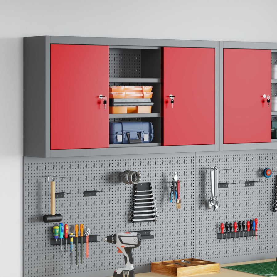 Gereedschapskast Wandbevestiging Met Pegboard 100X20X55 Cm Staal 100 cm Rood en Grijs Wandkast met pegboard