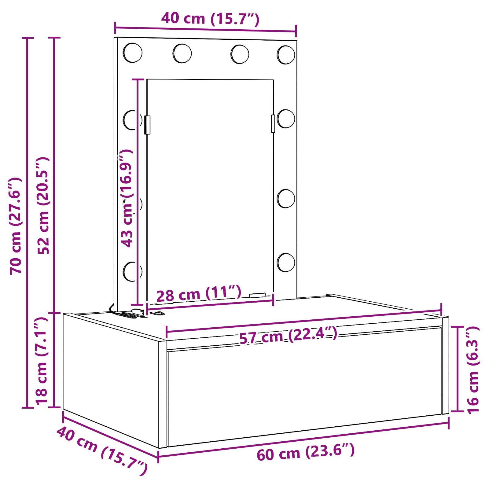 Wand Hangende Kaptafel -Verlichting In 60 x 40 x 70 cm Gerookt eiken met LED