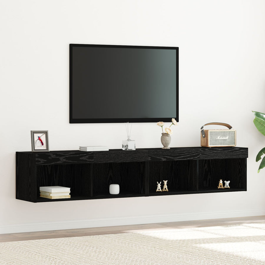 Tv Wandkasten Met Led Verlichting 2 Stuks Zwart eiken