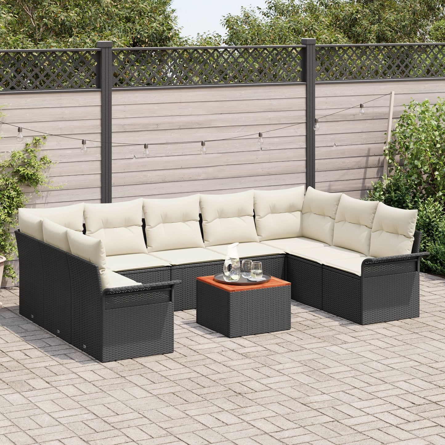 10-Delige Tuin Sofa Set Met Kussens Zwart Poly Rattan Acacia