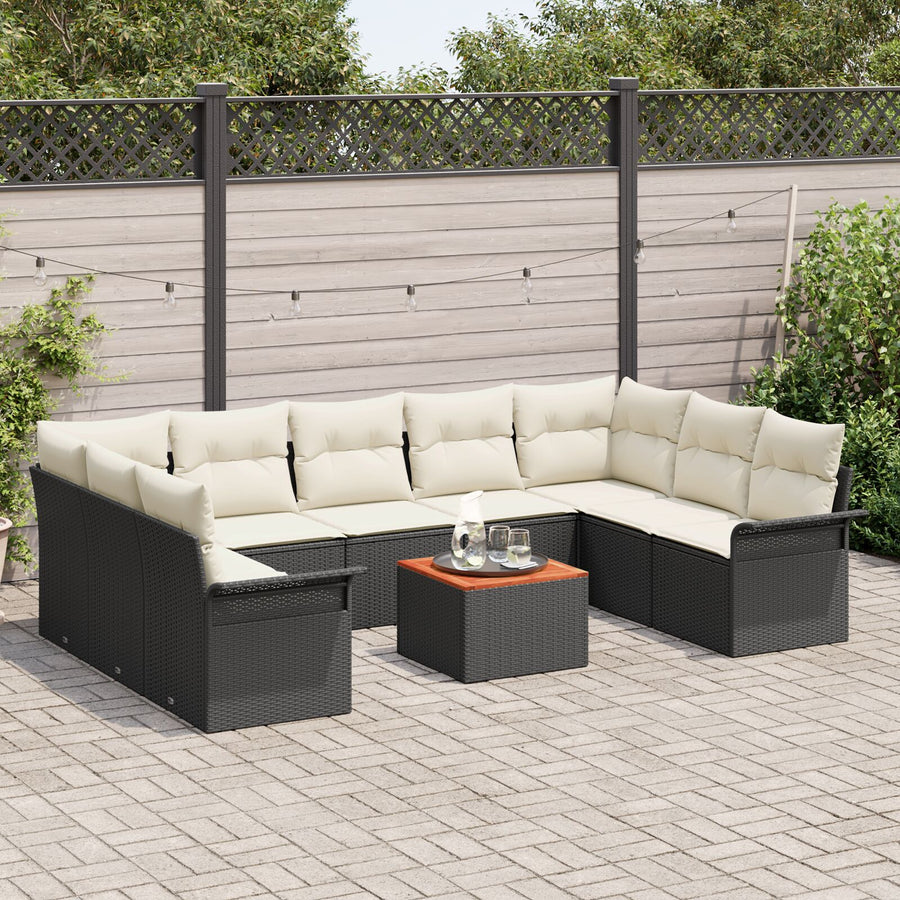 10-Delige Tuin Sofa Set Met Kussens Zwart Poly Rattan Acacia