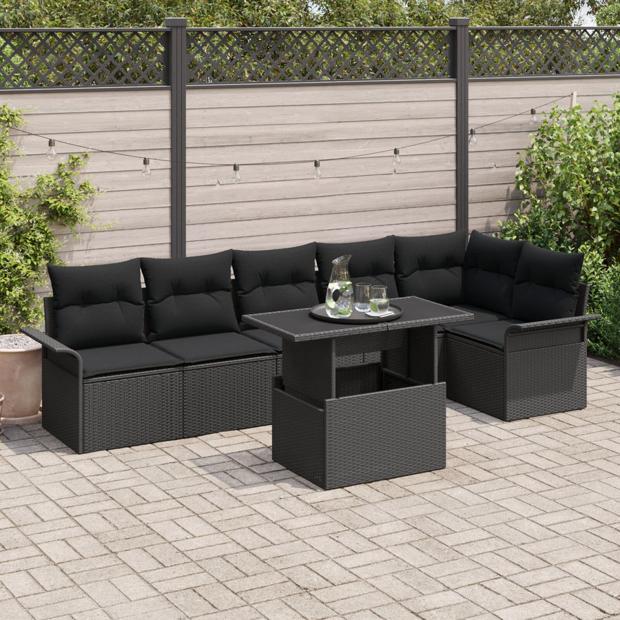 7 Delige Tuin Sofa Set Met Kussens Zwart Poly Rattan