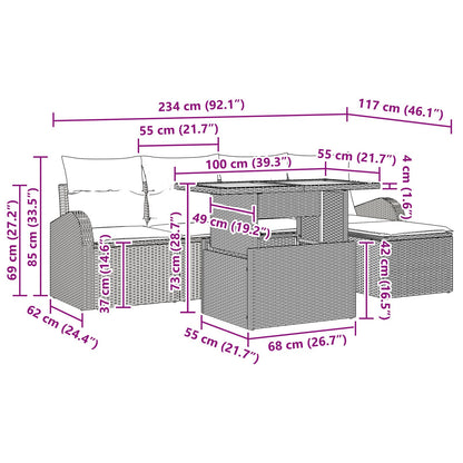 6-Delige Tuin Eettafel Set Met Kussens Beige Poly Rattan Acacia