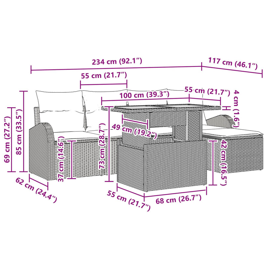 6-Delige Tuin Eettafel Set Met Kussens Beige Poly Rattan Acacia