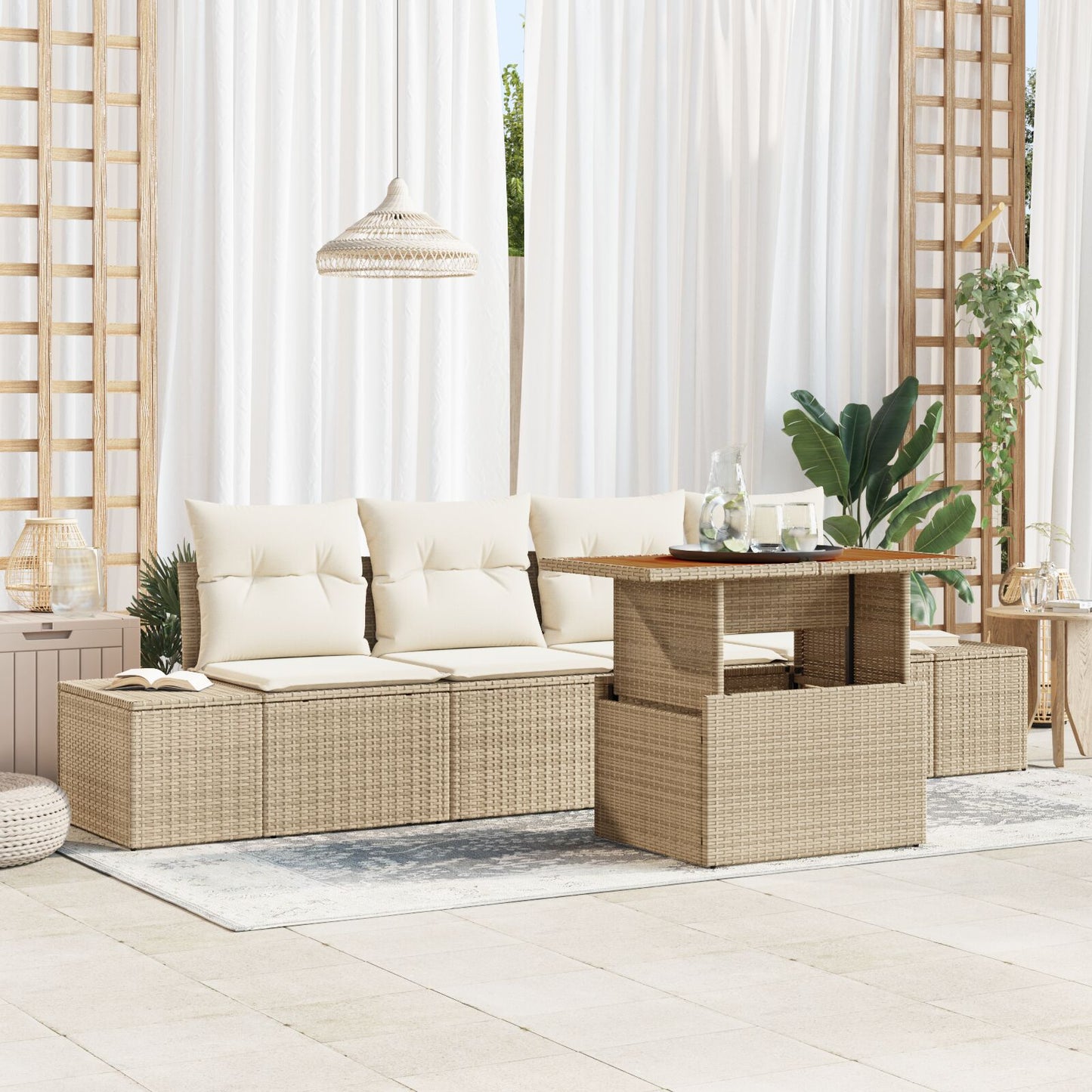 Tuinbank Set Set Van 5 Beige Riet Buitenmeubilair Rechthoekig