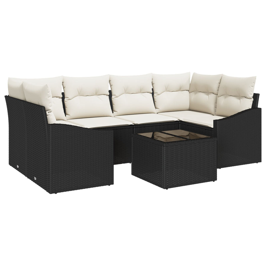 7-Delige Tuin Sofa Set Met Kussens Zwart Poly Rattan