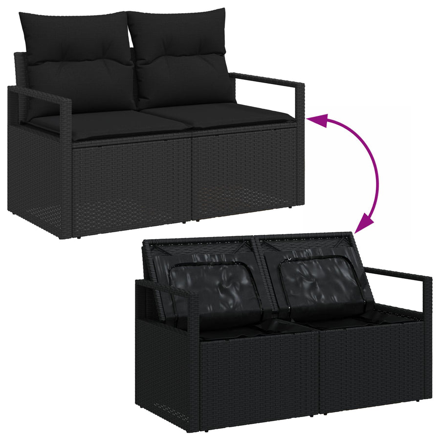2-Zits Tuinbank En Kussens Poly Rattan Zwart met opslag