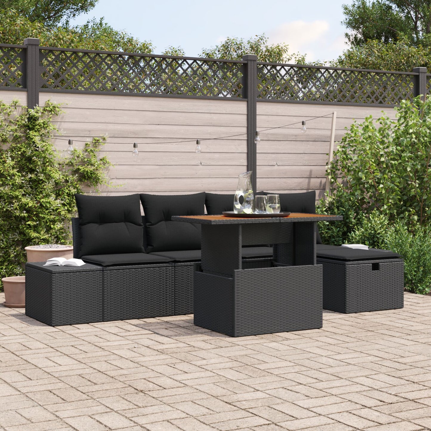 6-Delige Tuin Sofa Set Met Kussens Zwart Poly Riet
