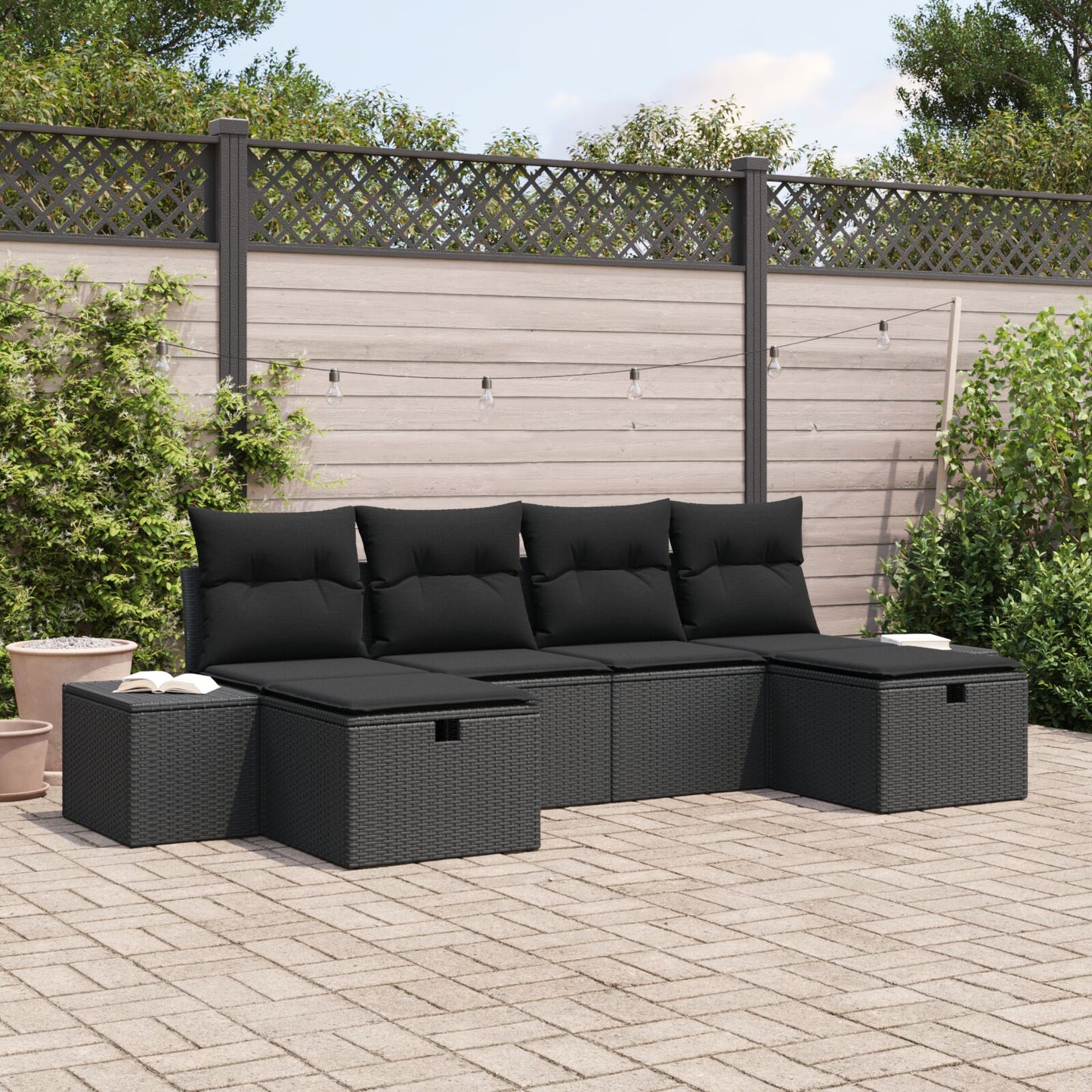 6-Delige Tuinbank Set Met Kussens Zwart Poly Rattan Wit