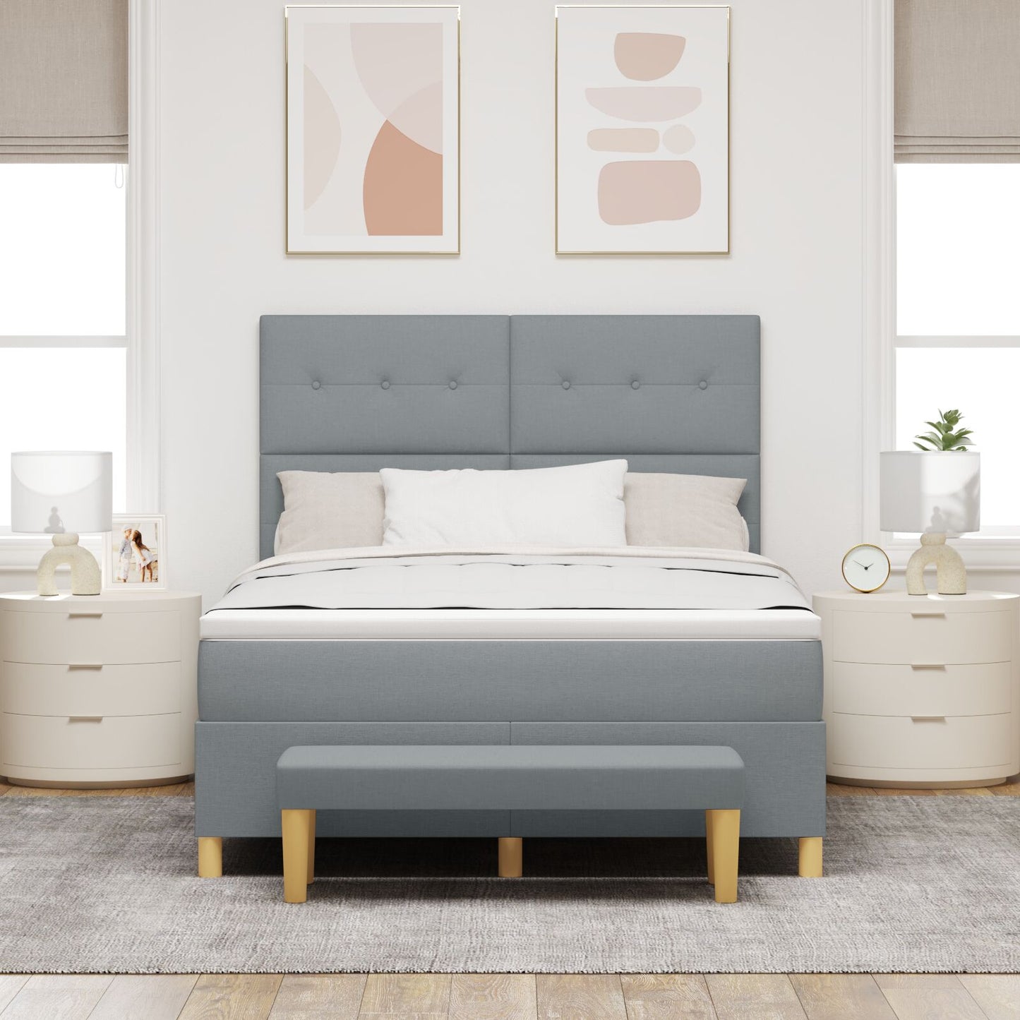 Boxspringbed Met Matras & Bank Stof Lichtgrijs 160 x 200 cm Knoopgestikt