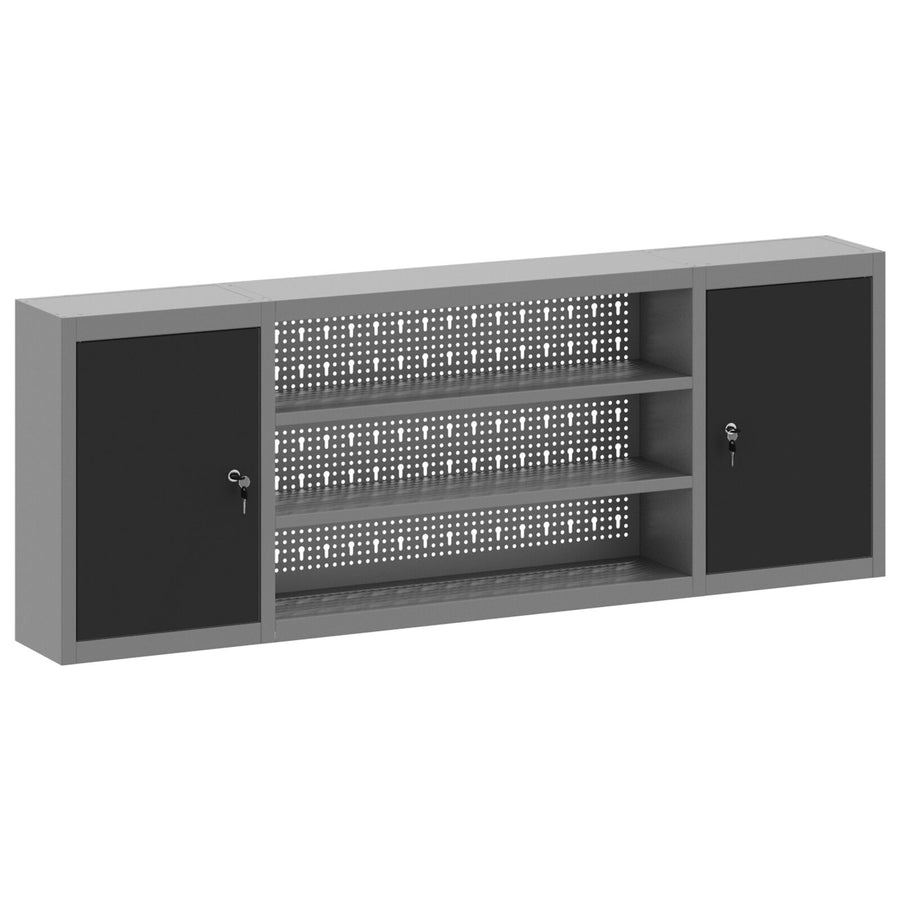 Gereedschapskast Wandmontage Met Pegboard 150X20X55 Cm Staal 150 cm Zwart en grijs Wandkast met pegboard