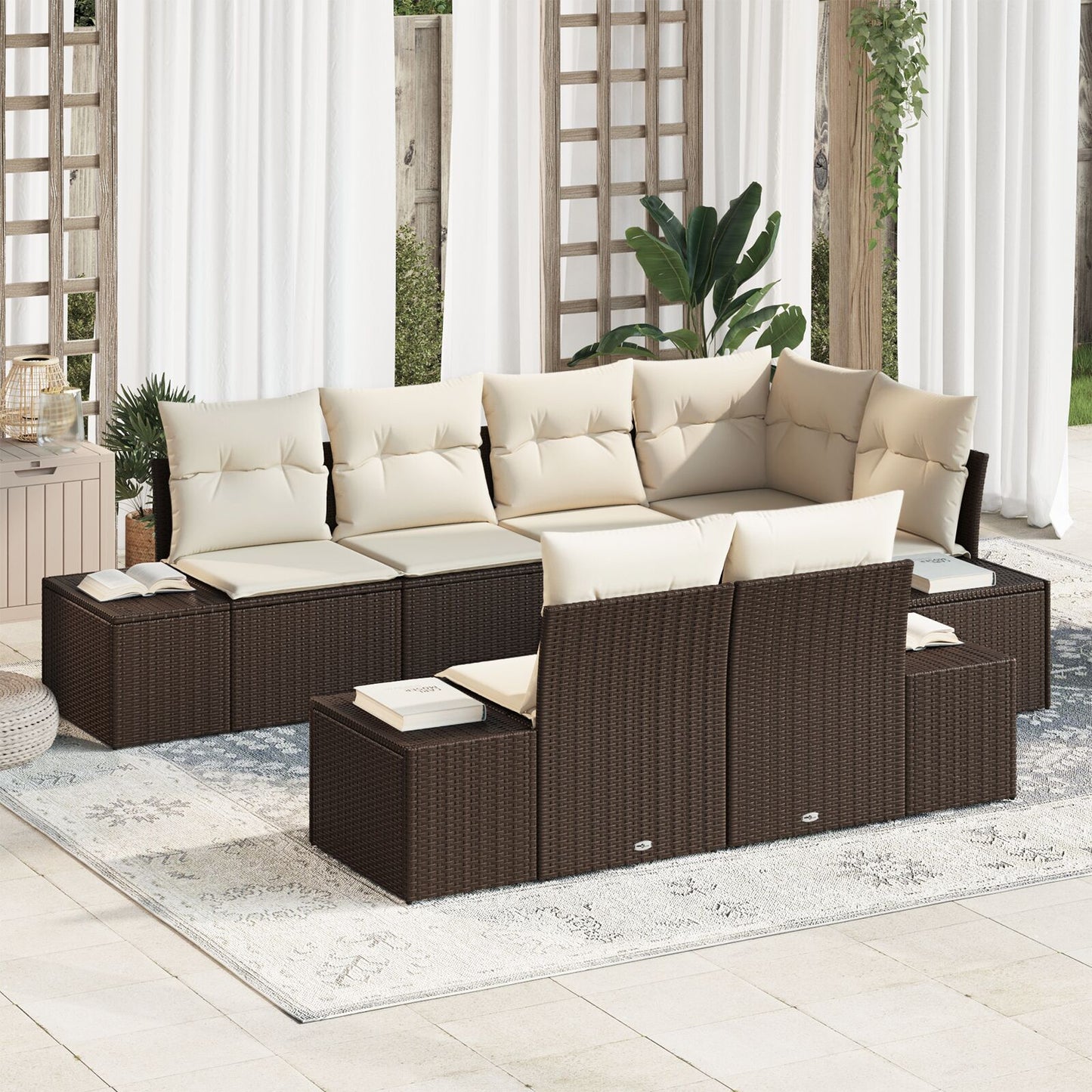 7-Delige Tuin Sofa Set Met Kussens Bruin Poly Rattan