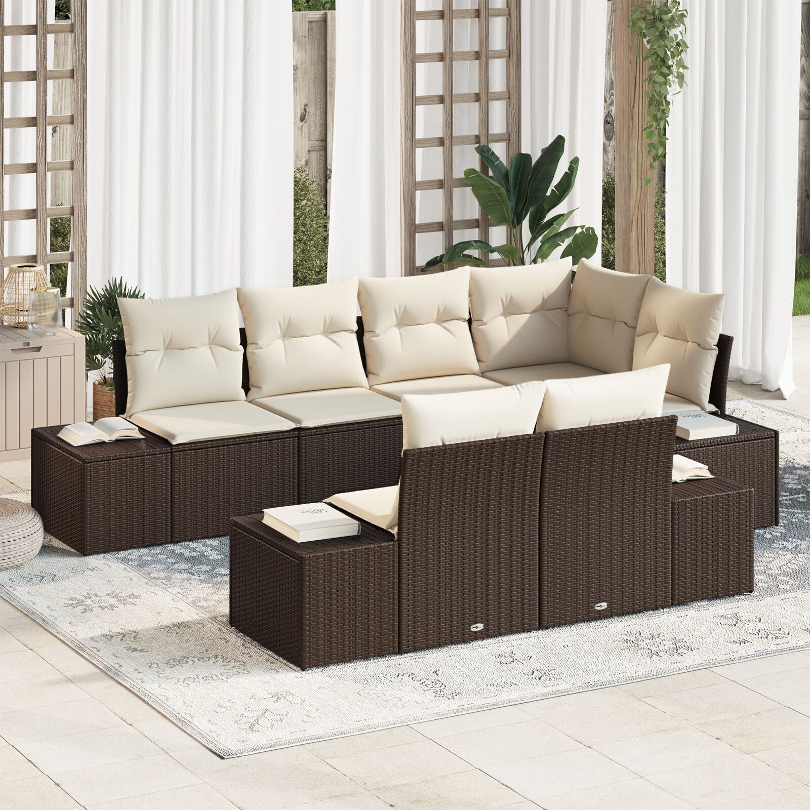 7-Delige Tuin Sofa Set Met Kussens Bruin Poly Rattan