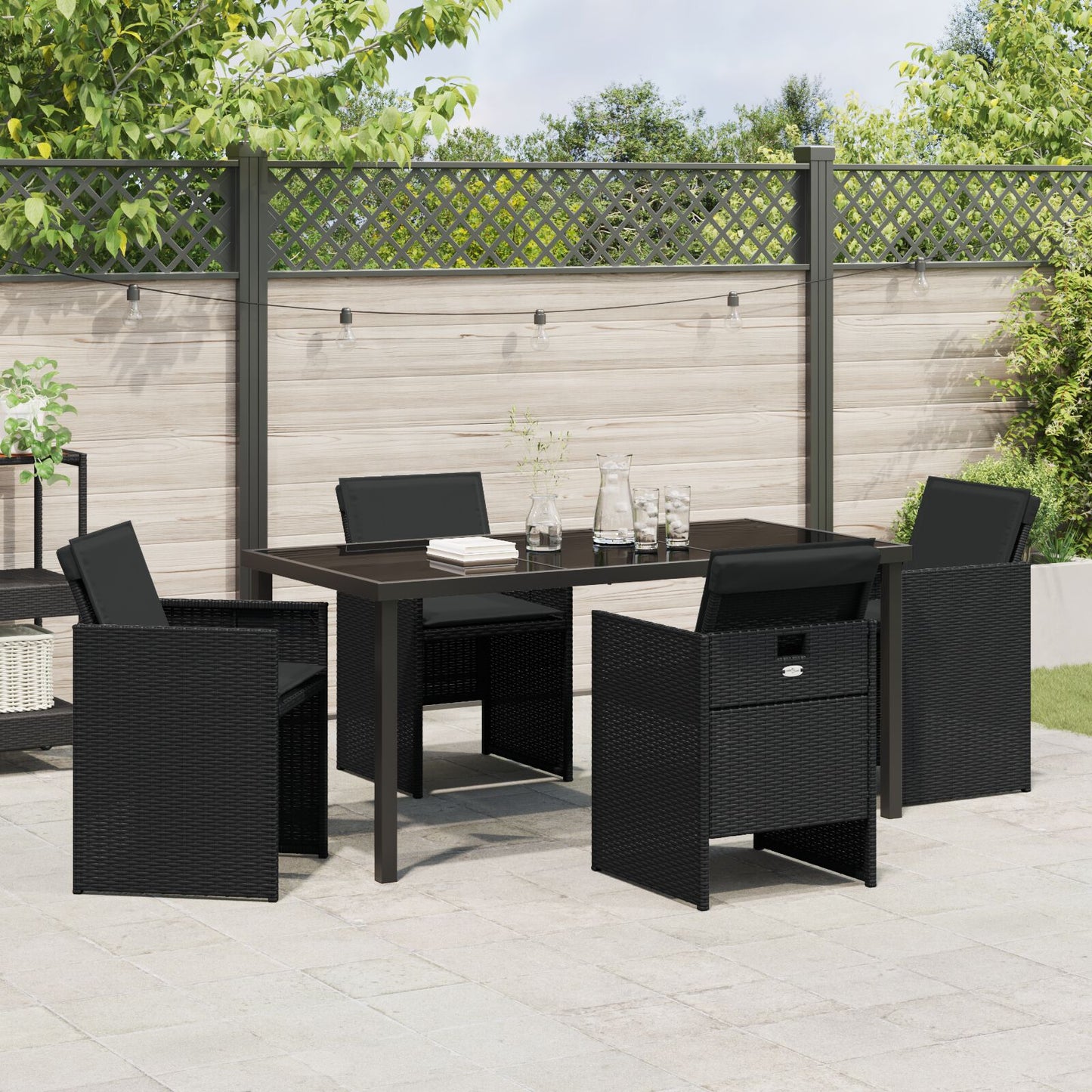 5-Delige Tuin Eettafel Set Met Kussens Zwart Poly Rattan