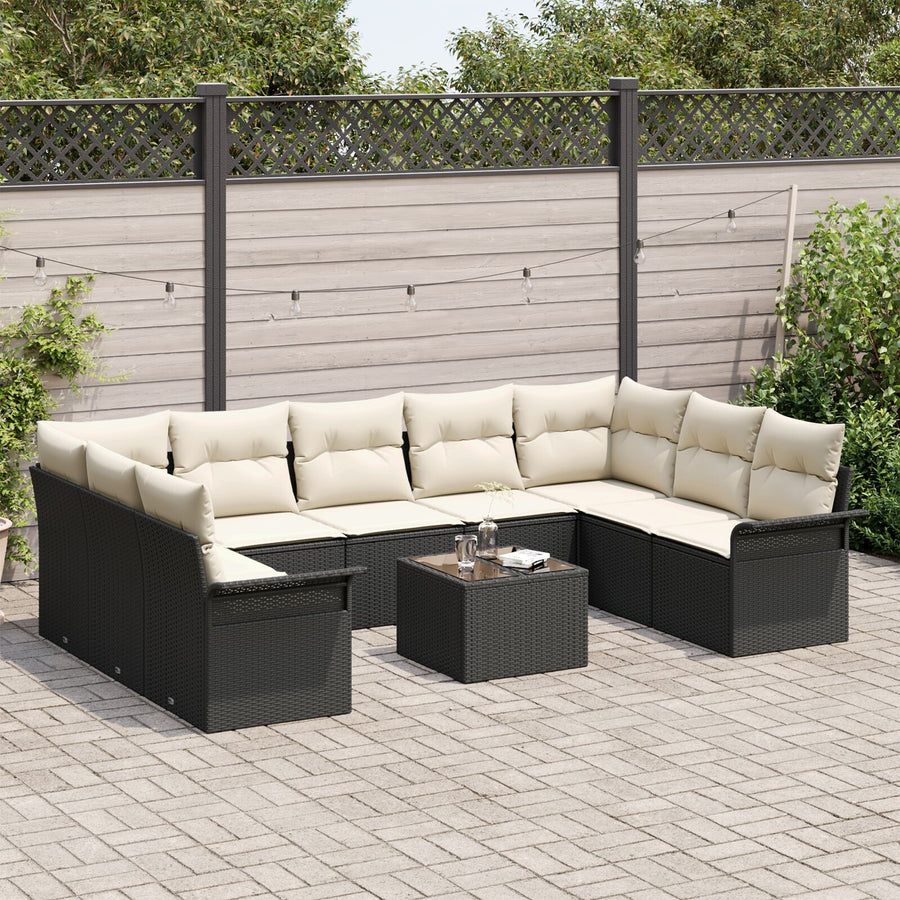 9 Delige Tuin Sofa Set Met Kussens Bruin Poly Rattan Zwart en crème met tafel