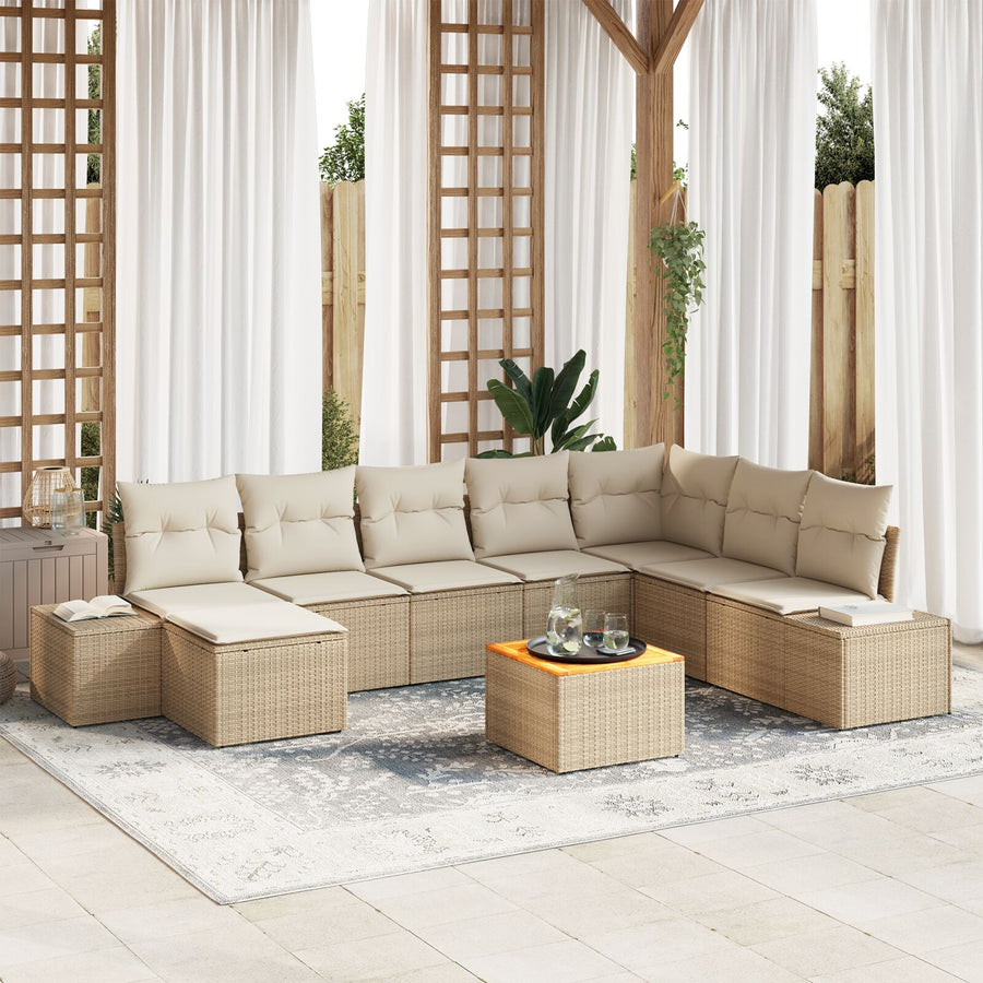 9-Delige Tuin Sofa Set Met Kussens Beige Poly Rattan Acacia